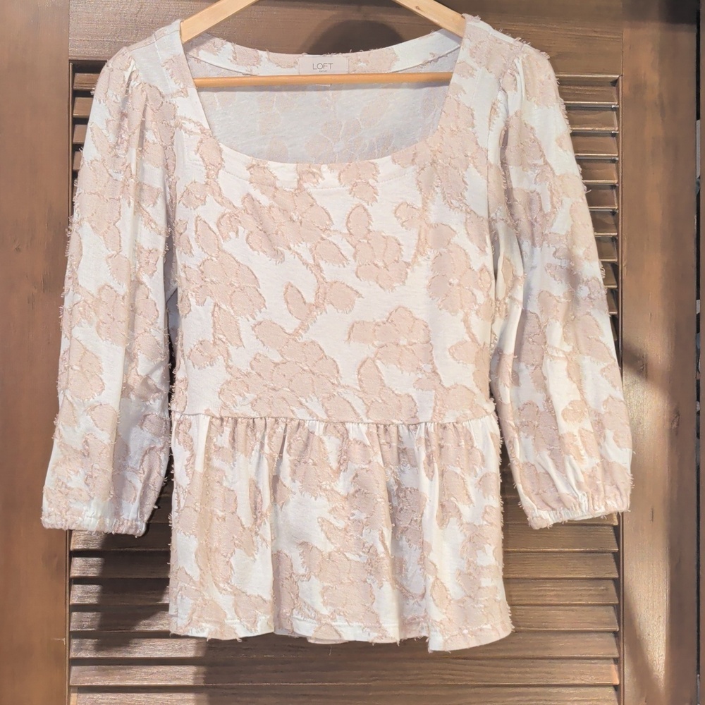 Peplum Cream and Tan Floral Blouse With 3/4 Sleeve And Square Neckline
